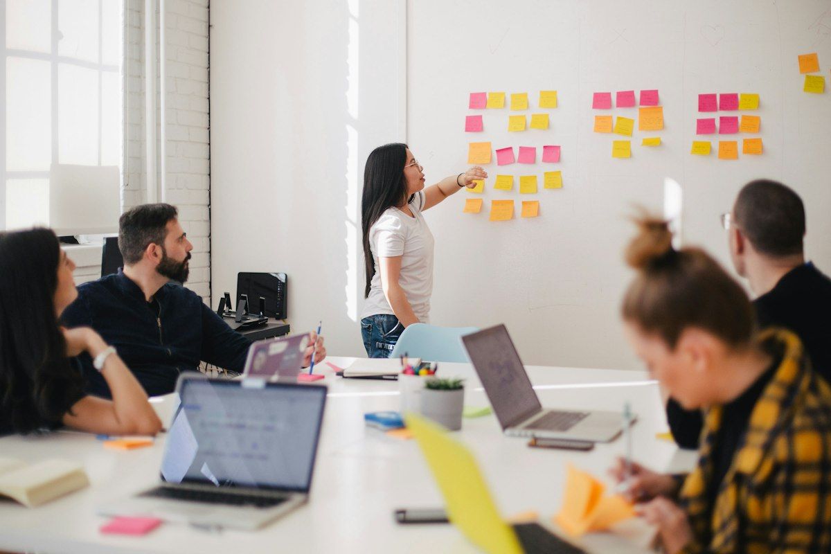 Employees planning with sticky notes on a wall